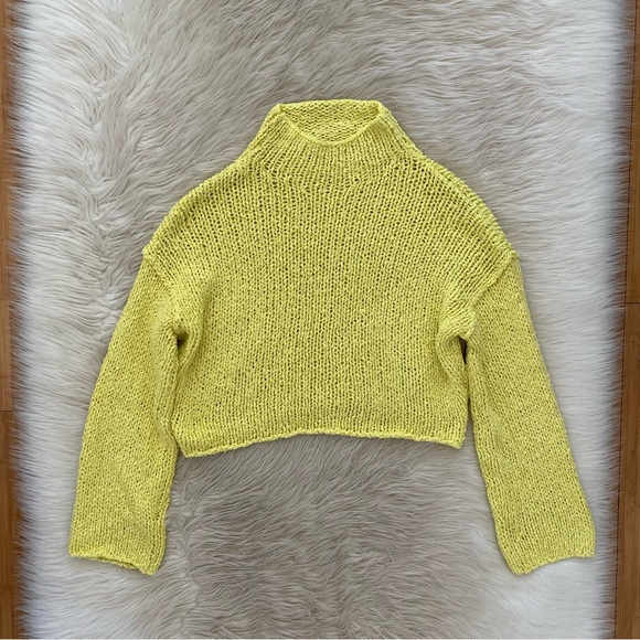 Anthropologie Yellow Chartreuse Chunky Knit Cotton Cropped Mock Neck Sweater - Picture 2 of 11